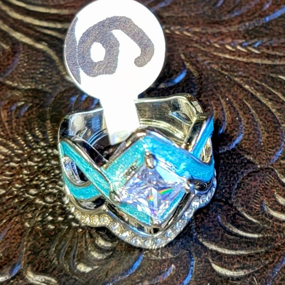 NWT Turquoise 2pc Ring Diamond Western Bridal Princess Cut